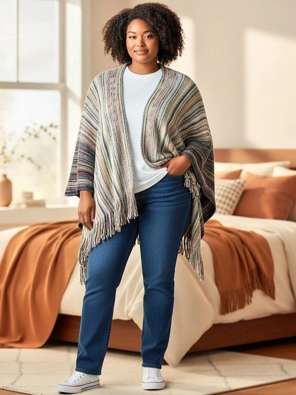 LeMode Striped Fringe Wrap in Gray & Blue